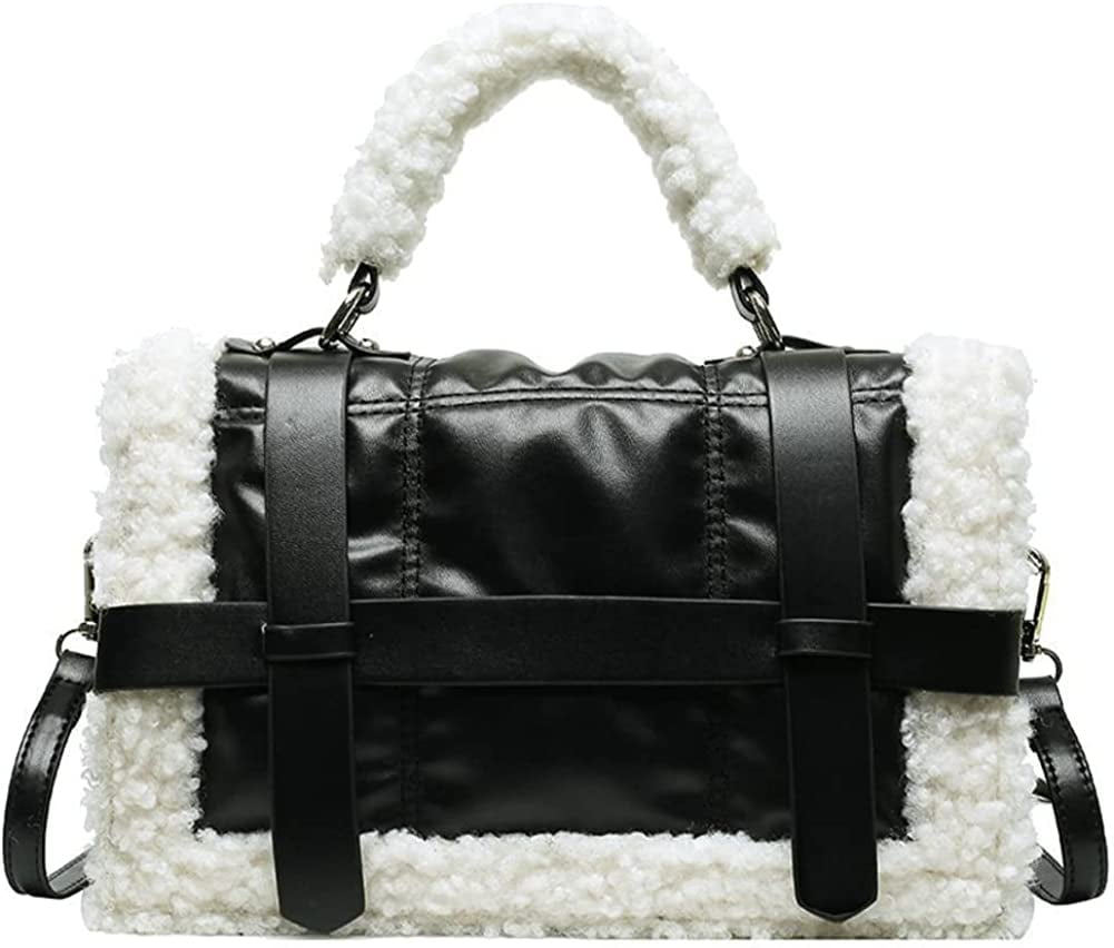 Kukuzhu Winter Faux Fur Trim Shoulder Bag Women PU Leather Tote Bag Solid Color Tote Handbag