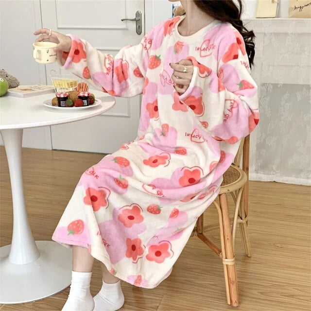 Kukuzhu Winter Long Sleeve Print Thick Warm Flannel Nightgowns For ...