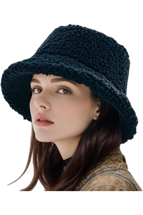 Winter Warm Plush Fuzzy Bucket Hat Furry Faux Fur Shearling Fisherman Hats for Women