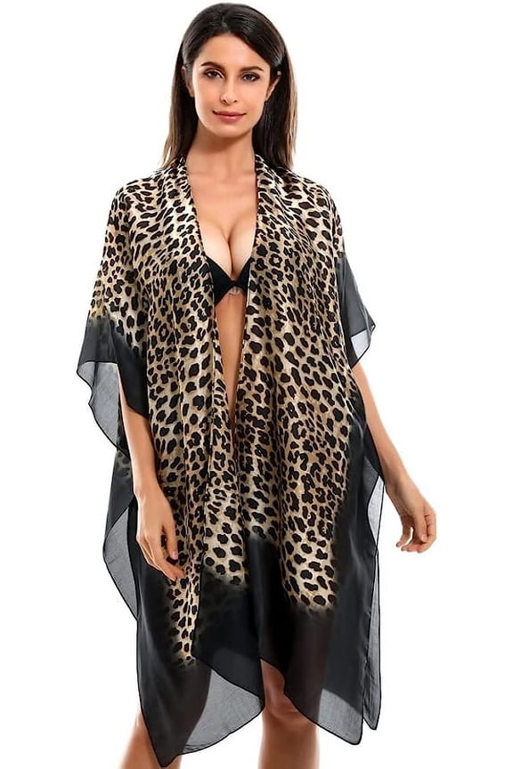 Women Bathing Suit One Piece Cover Up Bikini Blouse Kimono Leopard Pattern Gradient Color Imitation Silk Cardigan