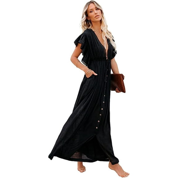 Kukuzhu Women Beach Cover Up Waist Boho Rope Dress Bikini Swimsuit Slubbed Button Pockets Holiday Sun Proof Tunic Gown