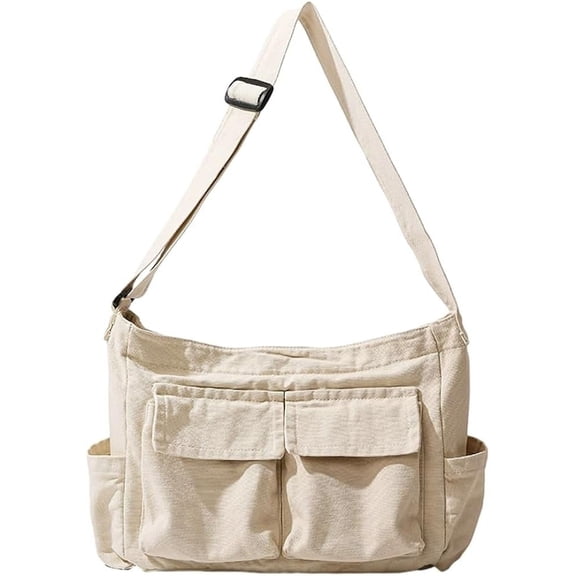 Kukuzhu Women Canvas Crossbody Bag Large Shoulder Bag with Multiple Pockets Canvas Hobo Tote Bag for Work, Shopping, Travel