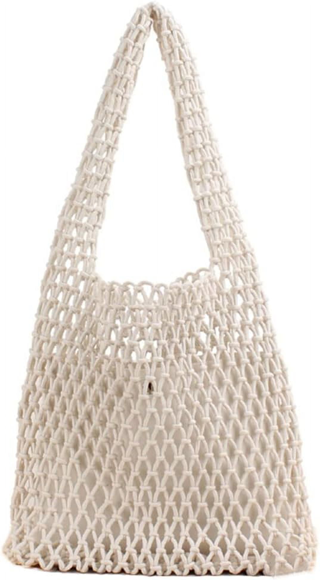 Kukuzhu Women Cotton Crochet Tote Beach Bag Handmade Woven Straw Mesh Bohemian Shoulder Purse