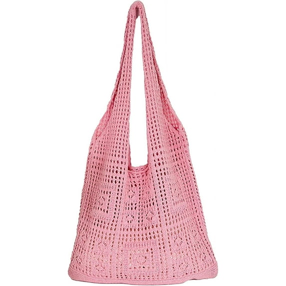 Kukuzhu Women Cotton Knitted Tote Bag Crochet Mesh Beach Shoulder Bag Hollow Summer Bag Woven Hobo Bag for Travel