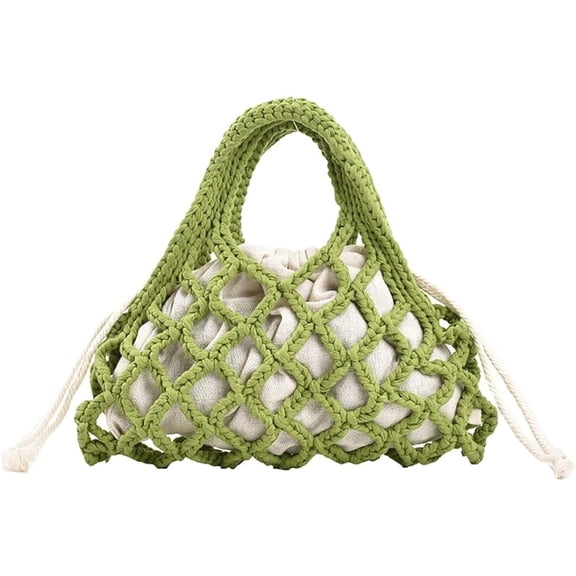 Kukuzhu Women Cotton Rope Top-handle Bag Summer Beach Handwoven Handbag Cotton Crochet Fishing Net Handbag Casual Bag Pouch Purse