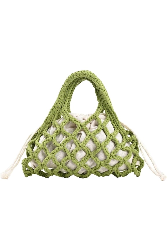 Women Cotton Rope Top-handle Bag Summer Beach Handwoven Handbag Cotton Crochet Fishing Net Handbag Casual Bag Pouch Purse