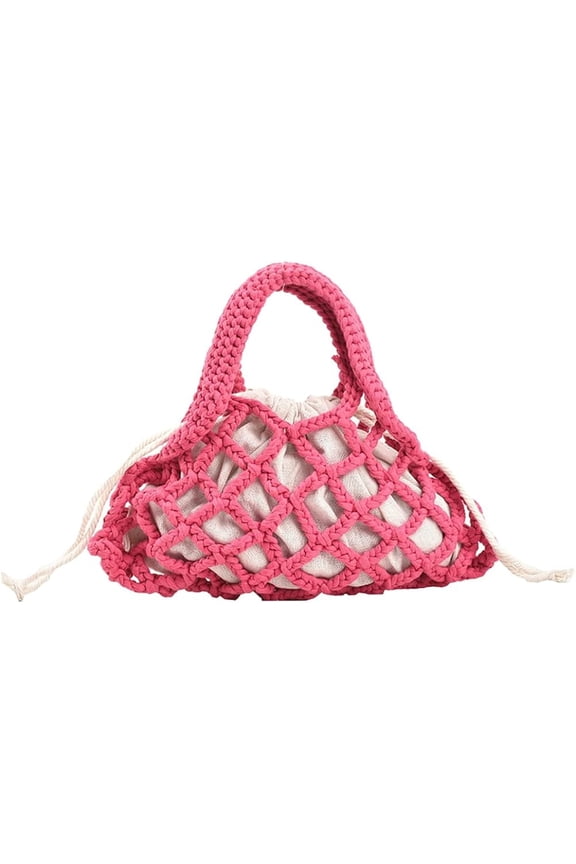 Women Cotton Rope Top-handle Bag Summer Beach Handwoven Handbag Cotton Crochet Fishing Net Handbag Casual Bag Pouch Purse