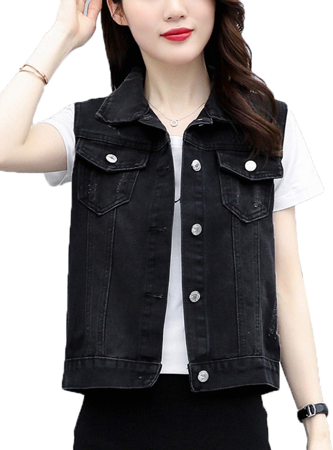Kukuzhu Women Cute Black Cropped Denim Vest Sleeveless Ripped Jean Vest Jacket with Chest