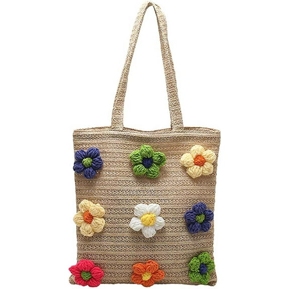 Kukuzhu Women Cute Crochet Beach Tote Bag Summer Straw Shoulder Hobo Bag Woven Fishing Net Pouch Purse with Flower Decoration