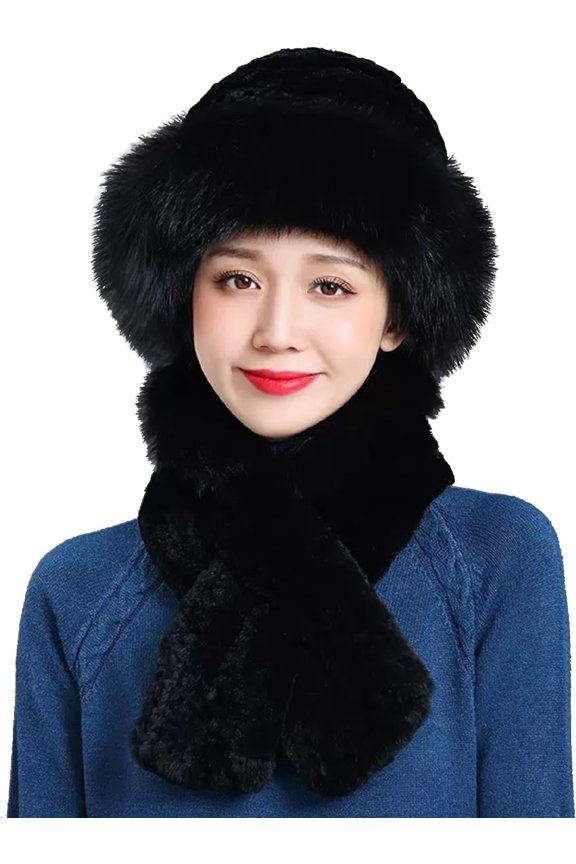 Women Faux Fur Hat Scarf Set Fuzzy Cossack Hat with Neck Warmer Furry Russian Cap Winter Warm Snow Beanie Cap