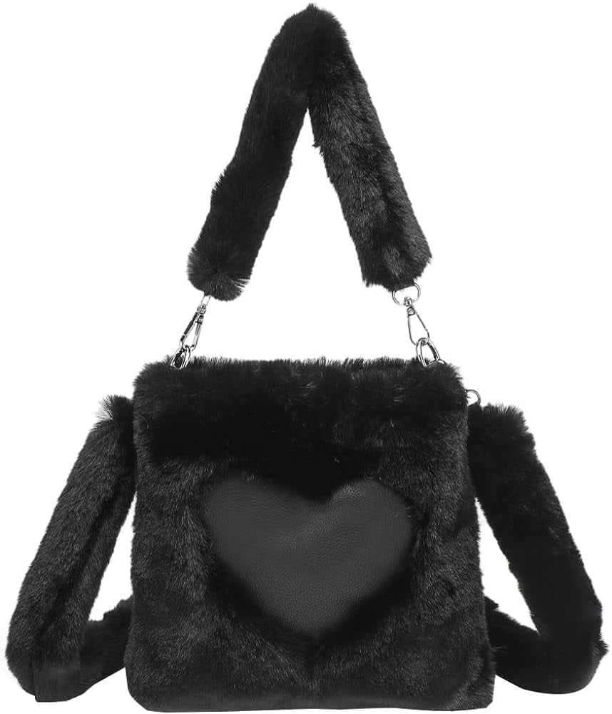 Kukuzhu Women Fluffy Tote Bag Cute Heart Pattern Furry Clutch Shoulder