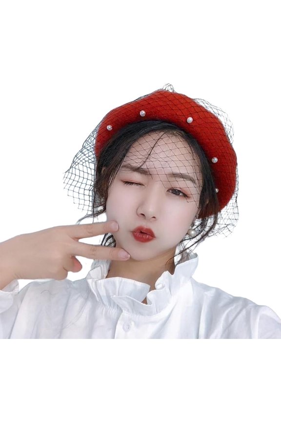 Women French Beret with Pearl Mesh Beaded Beret Fascinator Hat Solid Color Artist Newsboy Cap