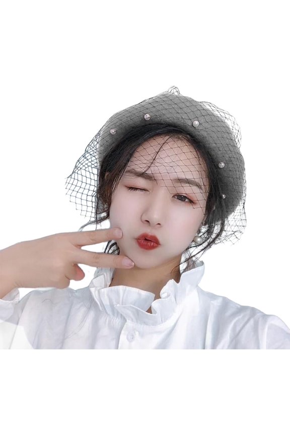 Women French Beret with Pearl Mesh Beaded Beret Fascinator Hat Solid Color Artist Newsboy Cap