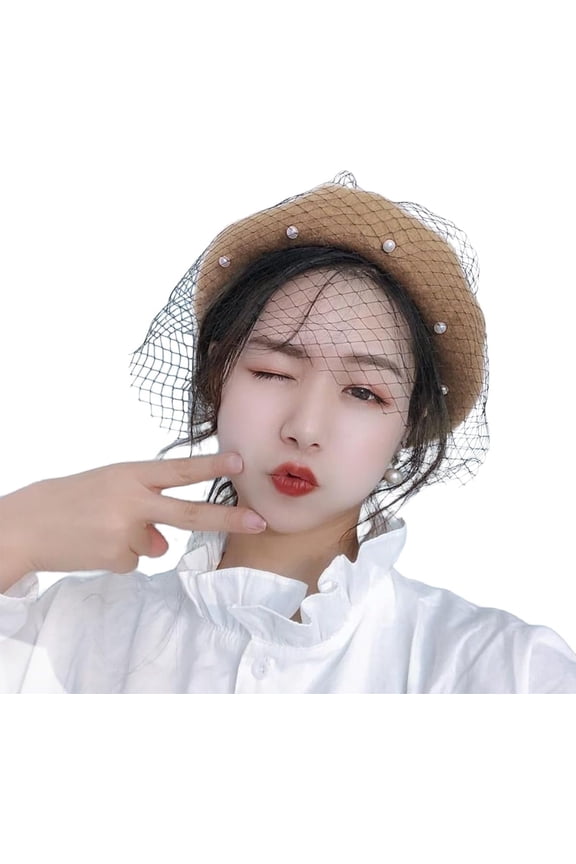 Women French Beret with Pearl Mesh Beaded Beret Fascinator Hat Solid Color Artist Newsboy Cap