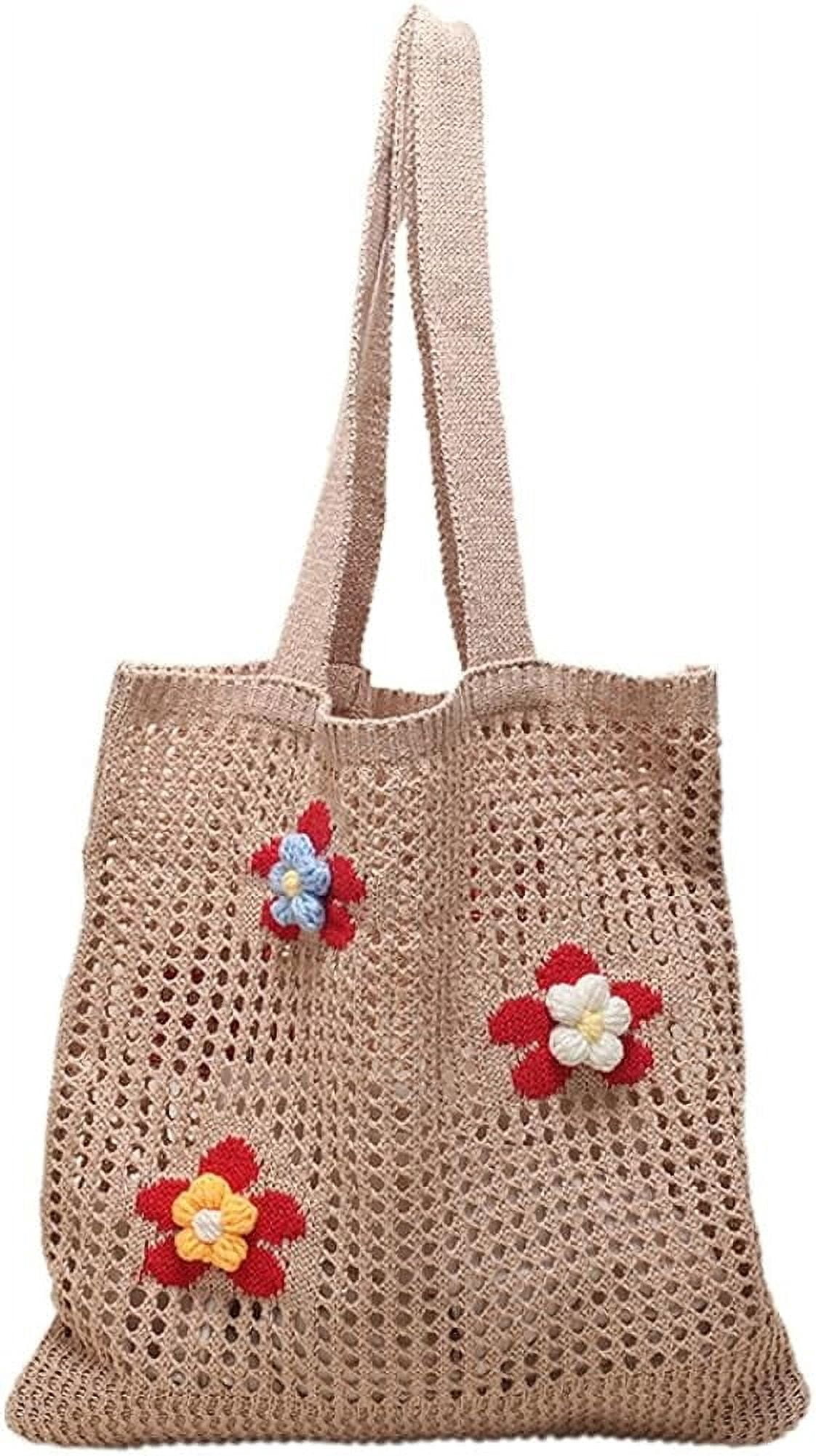 Kukuzhu Women Handmade Crochet Tote Bag Y2k Purse Cute Aesthetic Shoulder Bag Knitted Hobo Bag Mesh Beach Bag