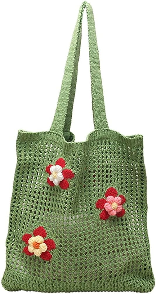 Kukuzhu Women Handmade Crochet Tote Bag Y2k Purse Cute Aesthetic Shoulder Bag Knitted Hobo Bag Mesh Beach Bag