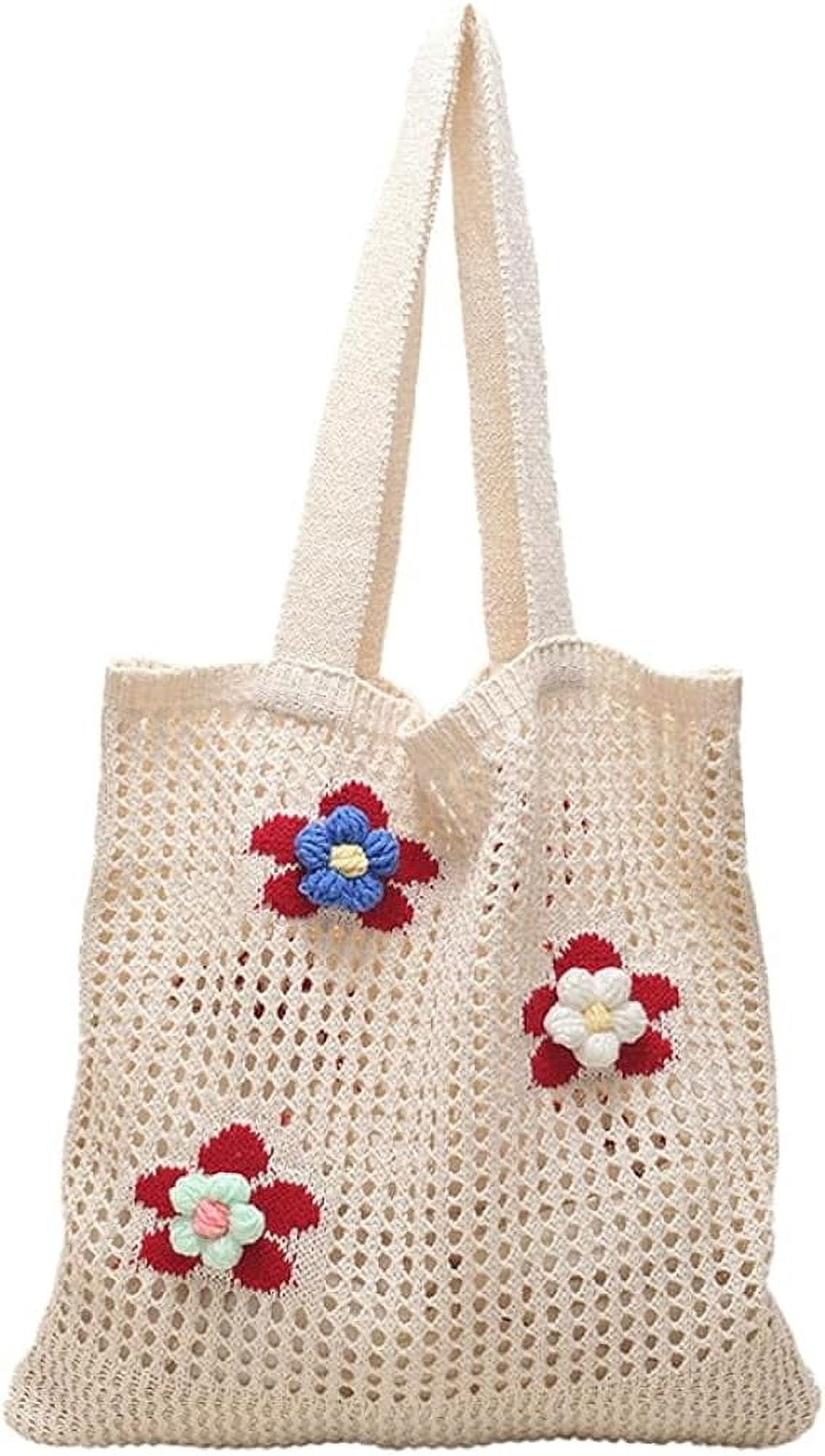 Kukuzhu Women Handmade Crochet Tote Bag Y2k Purse Cute Aesthetic Shoulder Bag Knitted Hobo Bag Mesh Beach Bag