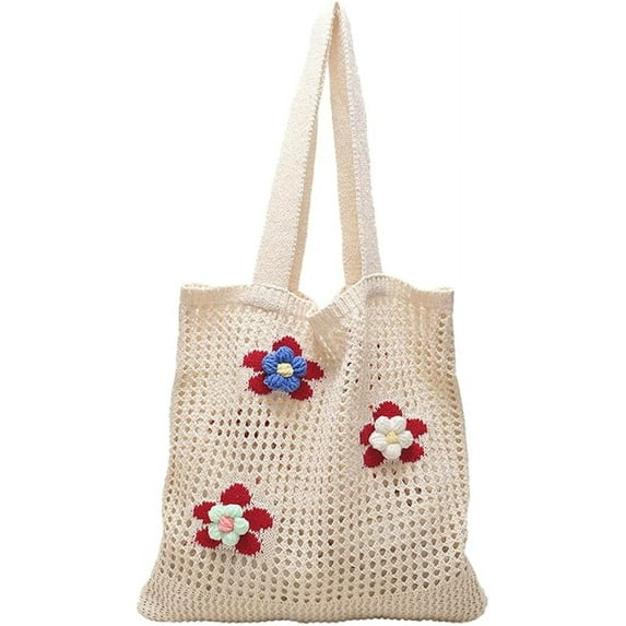 Kukuzhu Women Handmade Crochet Tote Bag Y2k Purse Cute Aesthetic Shoulder Bag Knitted Hobo Bag Mesh Beach Bag