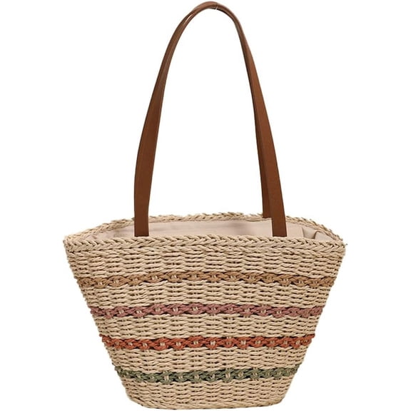 Kukuzhu Women Large Beach Tote Bag Hand-woven Stripe Beach Travel Straw Handbag Shoulder Bag