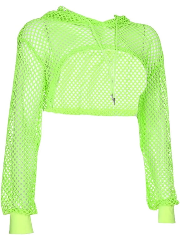 Women Mesh Crop Top Fishnet Hoodie Rave Tops Long Sleeve See Through Shirt for Festival Night Club