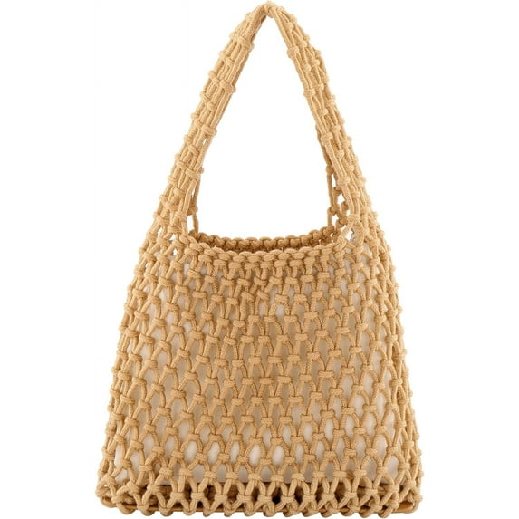 Kukuzhu Women Mini Clutch Handbag Tote Cotton Crochet Bucket Top-handle Drawstring Beach Woven Fishing Net Pouch Purse