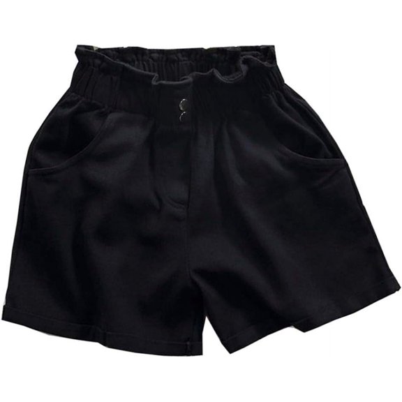 Kukuzhu Women Paperbag High Waist Solid Cotton Shorts with Pockets for Teen Girls