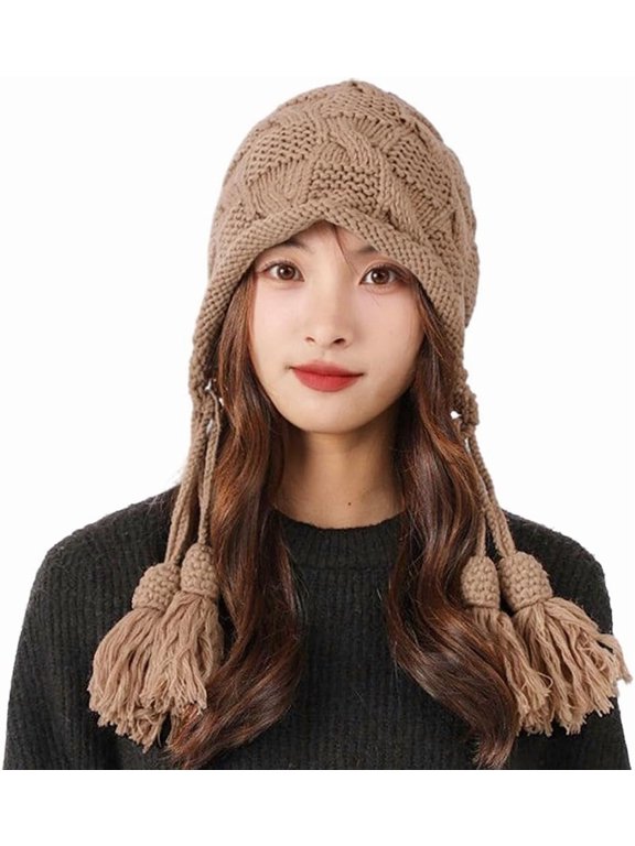 Women Peruvian Beanie Hat Sherpa Earflap Knitted Beanie Winter Laplander Cap Warm Slouchy Ski Hat