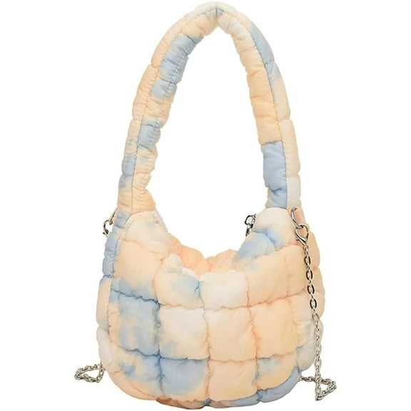 Kukuzhu Women Quilted Handbag Nylon Puffer Crossbody Bag Tie Dye Hobo Bag Lightweight Padding Shoulder Bag Puffy Tote Bag