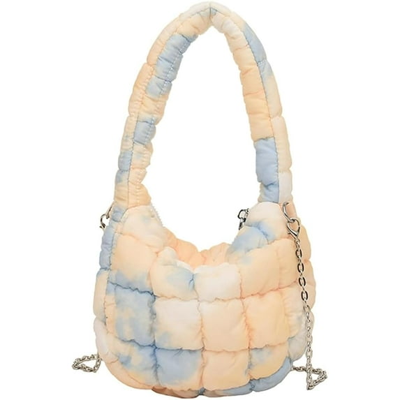 Kukuzhu Women Quilted Handbag Nylon Puffer Crossbody Bag Tie Dye Hobo Bag Lightweight Padding Shoulder Bag Puffy Tote Bag