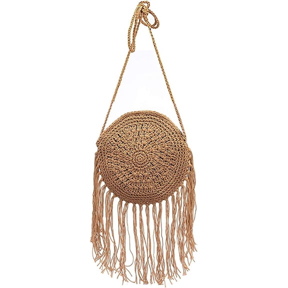 Kukuzhu Women Round Handbags Straw Bag holiday beach round bag Tassel Vintage Cotton line Messenger Bag