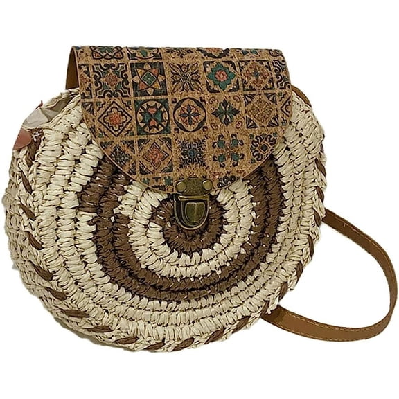 Kukuzhu Women Round Straw Tote Bag Summer Trendy Handmade Woven Shoulder Bag Purse