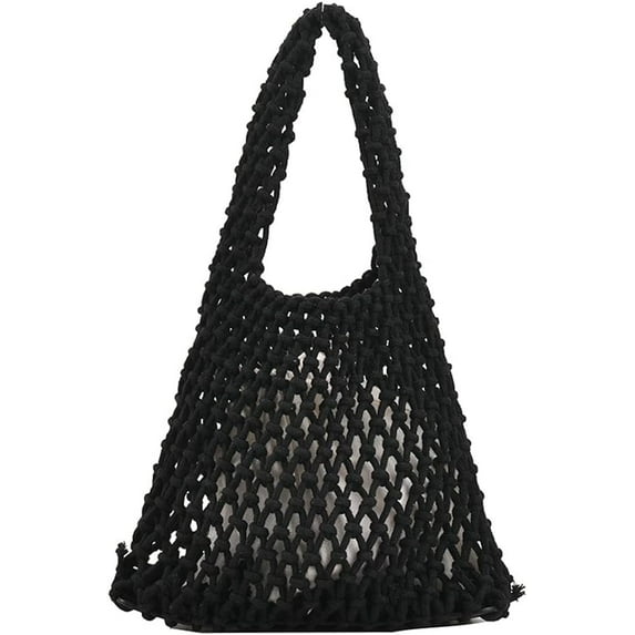 Kukuzhu Women Small Crochet Tote Handbag Cotton Top Handle Bag Summer Mesh Beach Bag Drawstring Fishing Net Bag Clutch Handbag