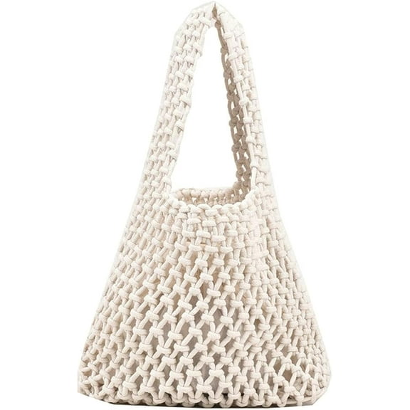 Kukuzhu Women Small Crochet Tote Handbag Cotton Top Handle Bag Summer Mesh Beach Bag Drawstring Fishing Net Bag Clutch Handbag