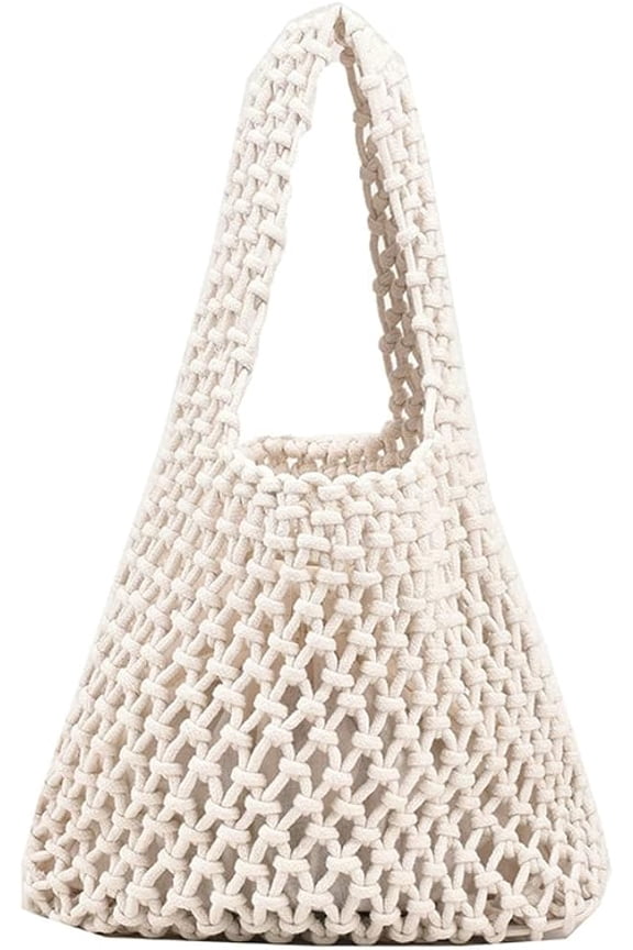 Women Small Crochet Tote Handbag Cotton Top Handle Bag Summer Mesh Beach Bag Drawstring Fishing Net Bag Clutch Handbag