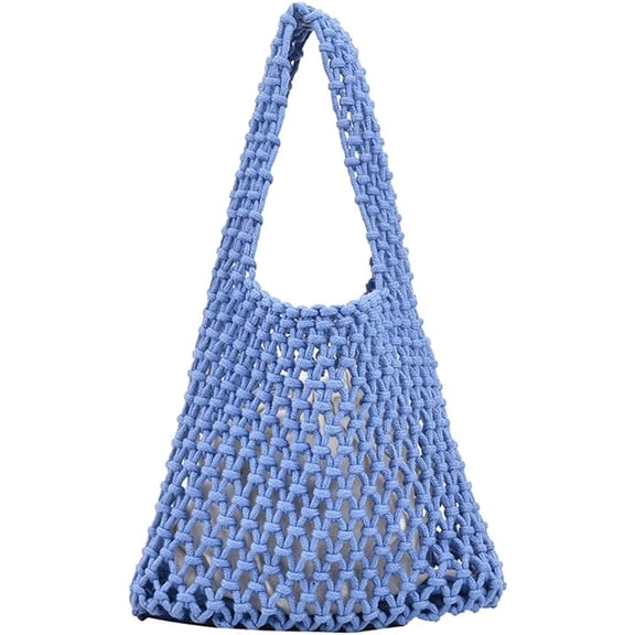 Kukuzhu Women Small Crochet Tote Handbag Cotton Top Handle Bag Summer Mesh Beach Bag Drawstring Fishing Net Bag Clutch Handbag