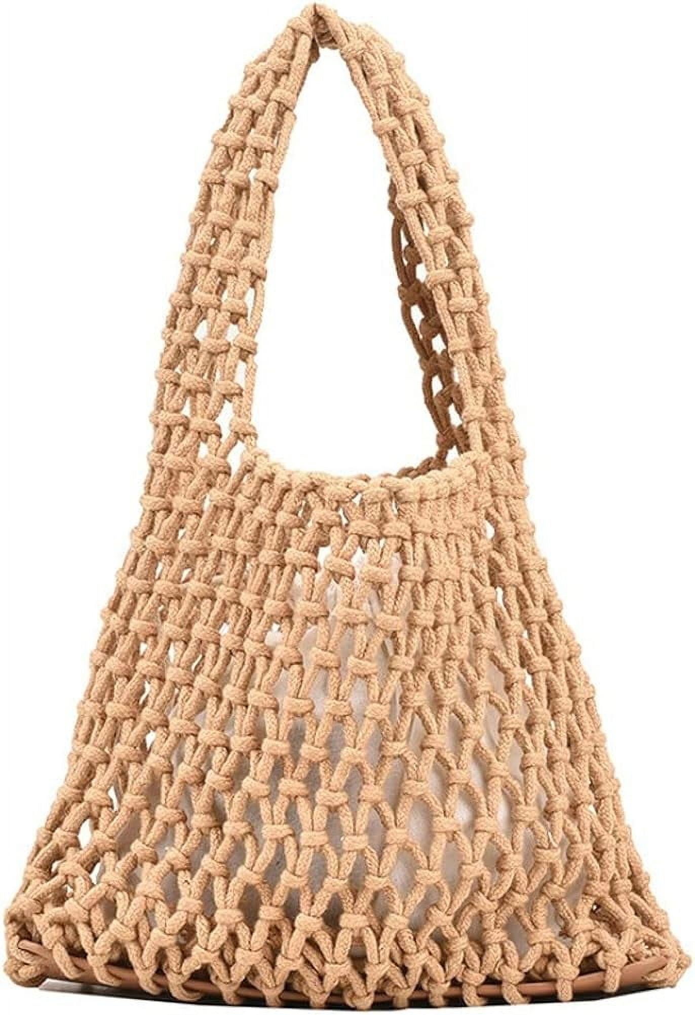 Kukuzhu Women Small Crochet Tote Handbag Cotton Top Handle Bag Summer Mesh Beach Bag Drawstring Fishing Net Bag Clutch Handbag