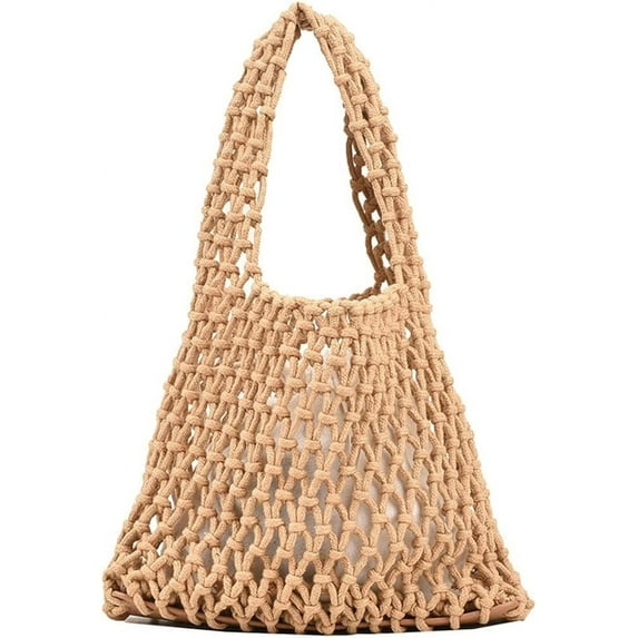 Kukuzhu Women Small Crochet Tote Handbag Cotton Top Handle Bag Summer Mesh Beach Bag Drawstring Fishing Net Bag Clutch Handbag