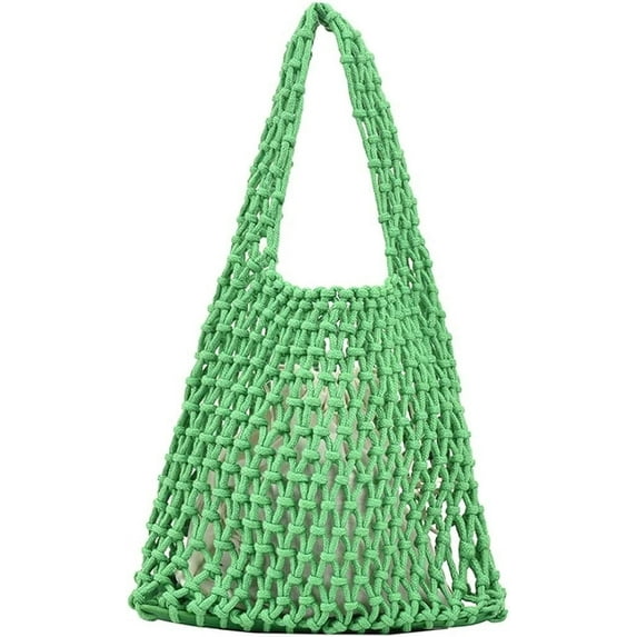 Kukuzhu Women Small Crochet Tote Handbag Cotton Top Handle Bag Summer Mesh Beach Bag Drawstring Fishing Net Bag Clutch Handbag