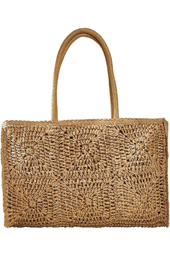 Women Straw Bag, Woven Ethnic Rectangle Shoulder Bag Summer Handbag