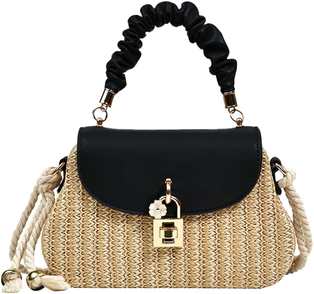 Kukuzhu Women Straw Crossbody Bag Leather Top Handle Straw Handbag