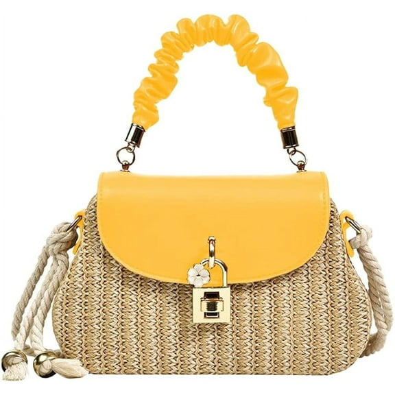 Kukuzhu Women Straw Crossbody Bag Leather Top Handle Straw Handbag Summer Straw Beach Bag Weave Shoulder Bag Rattan Clutch Purse