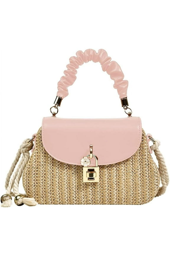 Women Straw Crossbody Bag Leather Top Handle Straw Handbag Summer Straw Beach Bag Weave Shoulder Bag Rattan Clutch Purse
