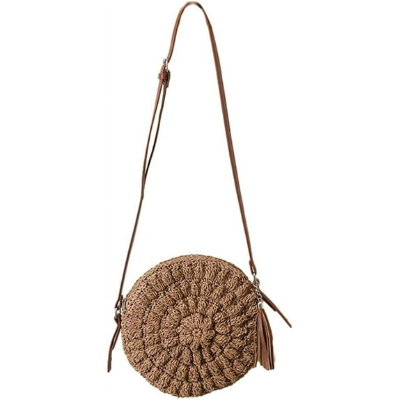 Kukuzhu Women Straw Crossbody Bag Round Summer Clutch Purses Handmade Woven Beach Purse Small Straw Shoulder Bag with Tassels