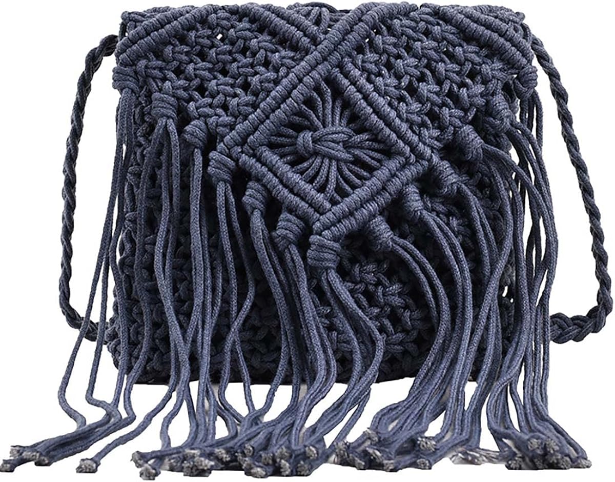 Van Caro Handwoven Cotton Straw Shoulder Bag - Crochet Tassel Bohemian Beach Purse For Women, Small Crossbody Bag