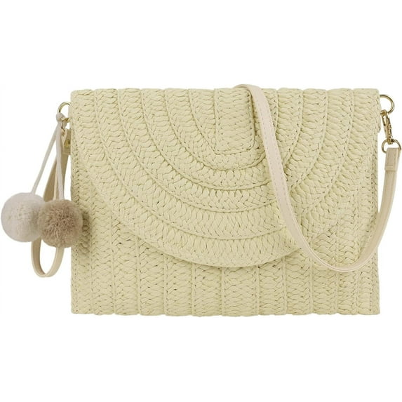 Kukuzhu Women Straw Crossbody Handbag Woven Shoulder Bag Summer Beach Envelope Clutch Purse with Pom Poms