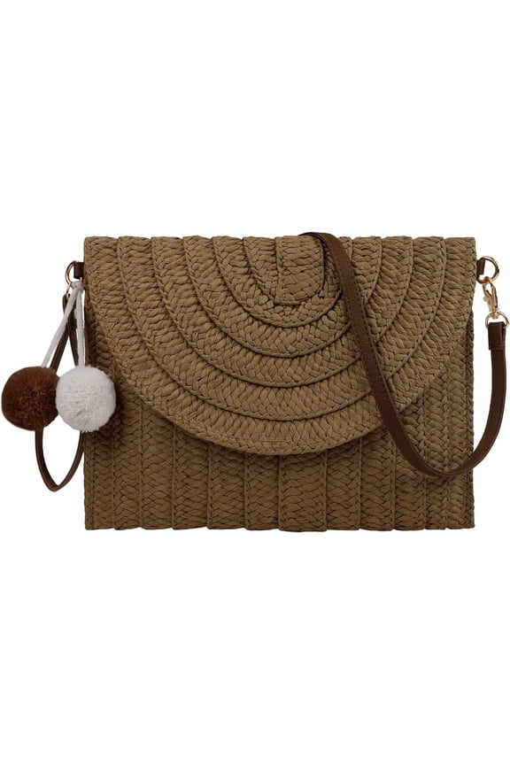Women Straw Crossbody Handbag Woven Shoulder Bag Summer Beach Envelope Clutch Purse with Pom Poms