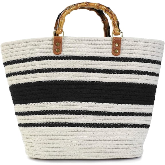 Kukuzhu Women Straw Large Tote Bag Retro Bamboo Handle Strip Beach Handbag Summer Woven Handmade Elegant Travel Purse