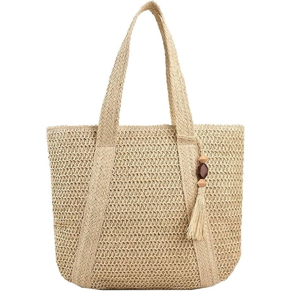 Kukuzhu Women Straw Shoulder Handbag Straw Tote Bag with Tassel Large Summer Beach Bag Woven Handmade Shoulder Bag Purse