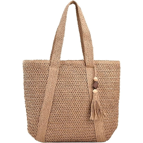 Kukuzhu Women Straw Shoulder Handbag Straw Tote Bag with Tassel Large Summer Beach Bag Woven Handmade Shoulder Bag Purse