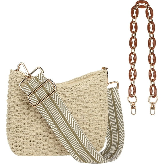 Kukuzhu Women Straw Small Crossbody Bag Handmade Woven Shoulder Handbag Summer Beach Purse with Guitar Strap